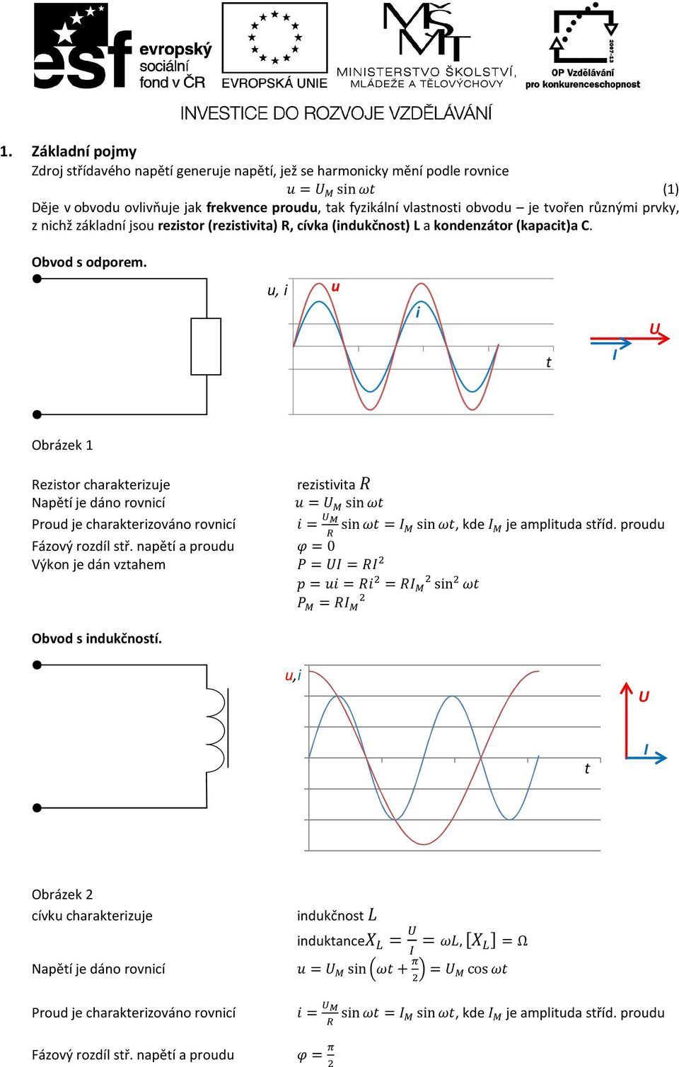 u, i u i t I U Obrázek 1 Rezistor charakterizuje rezistivita Napětí je dáno rovnicí sin Proud je charakterizováno rovnicí sin, kde je amplituda stříd. proudu Fázový rozdíl stř.