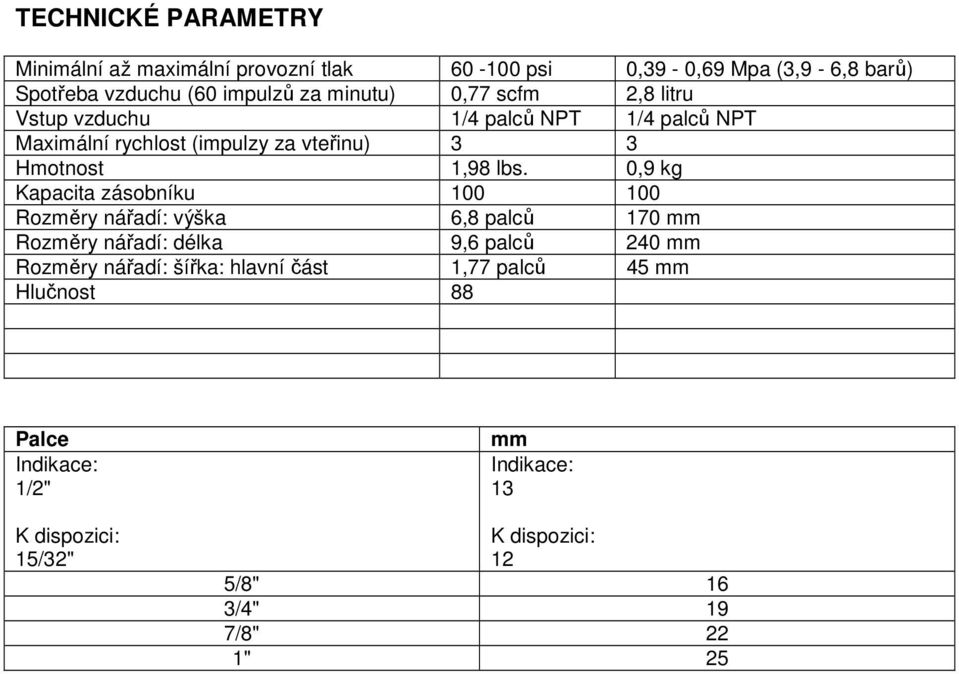 0,9 kg Kapacita zásobníku 100 100 Rozměry nářadí: výška 6,8 palců 170 mm Rozměry nářadí: délka 9,6 palců 240 mm Rozměry nářadí: šířka: