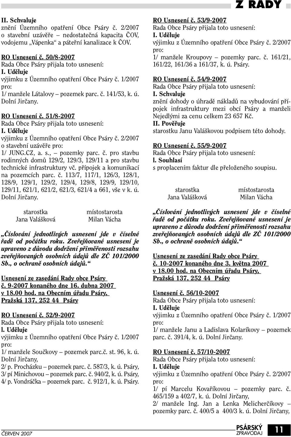 51/8-2007 Rada Obce Psáry pfiijala toto usnesení: I. Udûluje v jimku z Územního opatfiení Obce Psáry ã. 2/2007 o stavební uzávûfie pro: 1/ JUNG.CZ, a. s., pozemky parc. ã. pro stavbu rodinn ch domû 129/2, 129/3, 129/11 a pro stavbu technické infrastruktury vã.