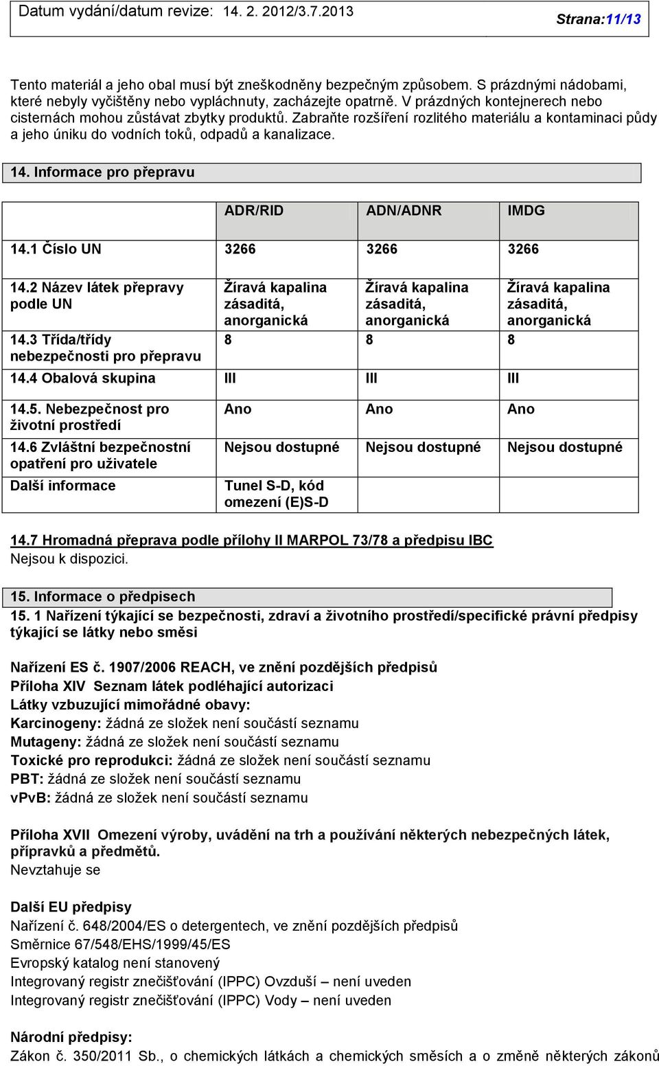 Informace pro přepravu ADR/RID ADN/ADNR IMDG 14.1 Číslo UN 3266 3266 3266 14.2 Název látek přepravy podle UN 14.