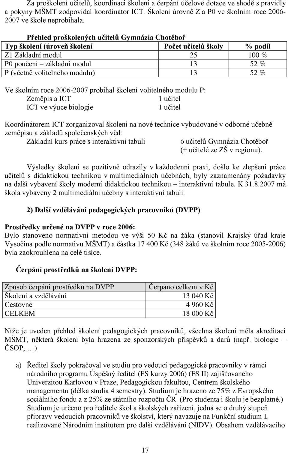 % Ve školním roce 2006-2007 probíhal školení volitelného modulu P: Zeměpis a ICT 1 učitel ICT ve výuce biologie 1 učitel Koordinátorem ICT zorganizoval školení na nové technice vybudované v odborné