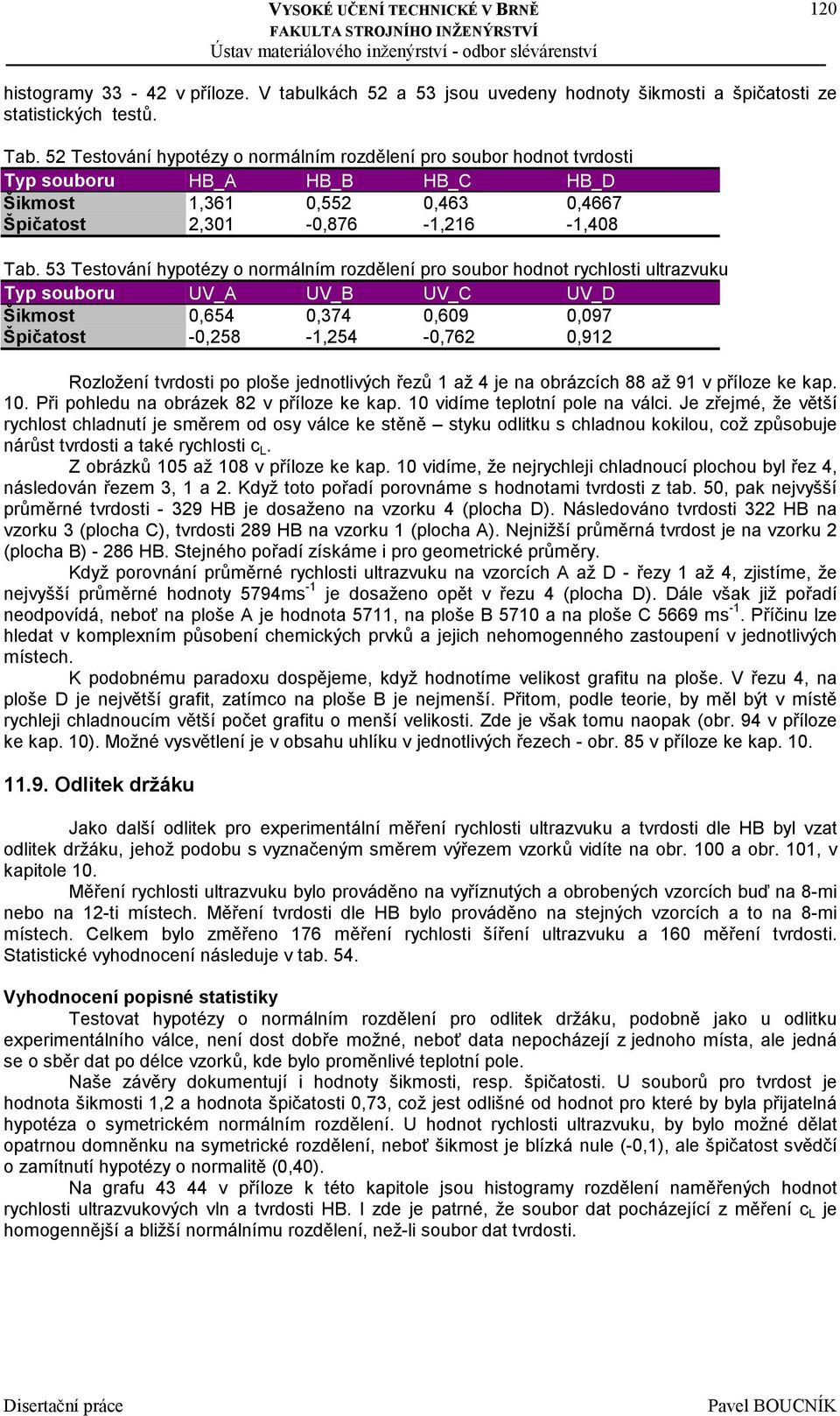 53 Testování hypotézy o normálním rozdělení pro soubor hodnot rychlosti ultrazvuku Typ souboru UV_A UV_B UV_C UV_D Šikmost 0,654 0,374 0,609 0,097 Špičatost -0,258-1,254-0,762 0,912 Rozložení