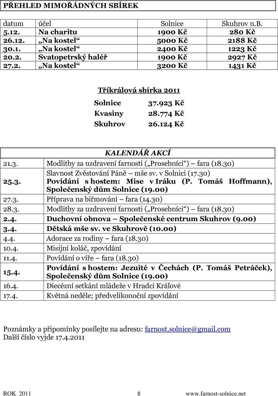 30) Slavnost Zvěstování Páně mše sv. v Solnici (17.30) 25.3. Povídání s hostem: Mise v Iráku (P. Tomáš Hoffmann), Společenský dům Solnice (19.00) 27.3. Příprava na biřmování fara (14.30) 28.3. Modlitby za uzdravení farnosti ( Prosebníci ) fara (18.