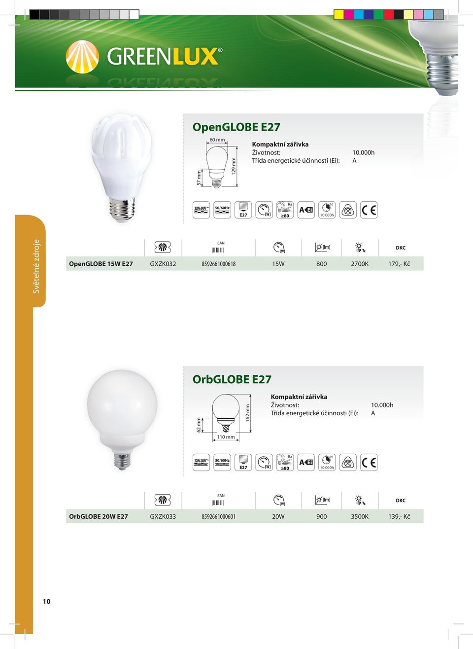 Kč OrbGLOE E27 62 mm 110 mm 162 mm Třída energetické účinnosti