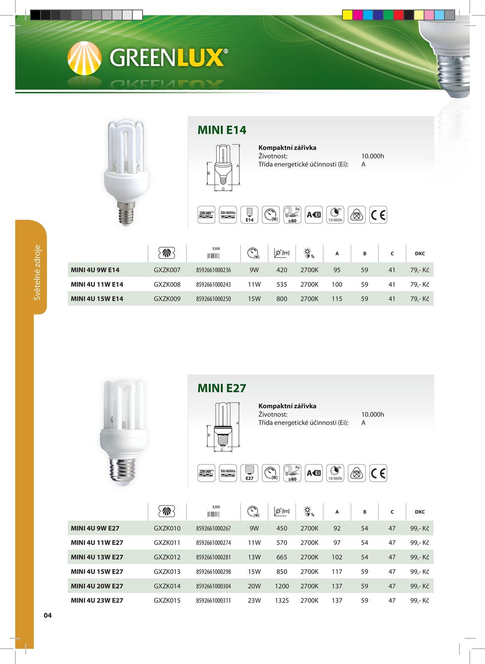 99,- Kč MINI 4U 11W E27 GXZK011 8592661000274 11W 570 2700K 97 54 47 99,- Kč MINI 4U 13W E27 GXZK012 8592661000281 13W 665 2700K 102 54 47 99,- Kč MINI 4U 15W E27 GXZK013