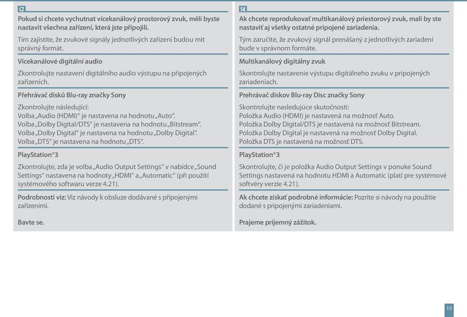 Přehrávač disků Blu-ray značky Sony Zkontrolujte následující: Volba Audio (HDMI) je nastavena na hodnotu Auto. Volba Dolby Digital/DTS je nastavena na hodnotu Bitstream.