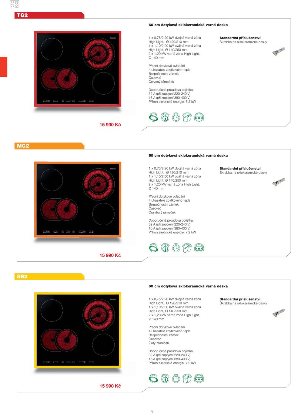 220-240 V) 16 A (při zapojení 380-400 V) Příkon elektrické energie: 7,2 kw 15 990 Kč MG2 60 cm dotyková sklokeramická varná deska 1 x 0,75/2,20 kw dvojitá varná zóna High Light, Ø 120/210 mm 1 x