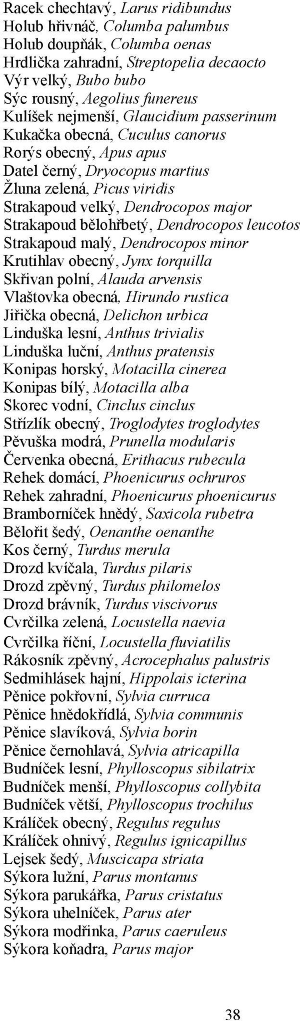 bělohřbetý, Dendrocopos leucotos Strakapoud malý, Dendrocopos minor Krutihlav obecný, Jynx torquilla Skřivan polní, Alauda arvensis Vlaštovka obecná, Hirundo rustica Jiřička obecná, Delichon urbica