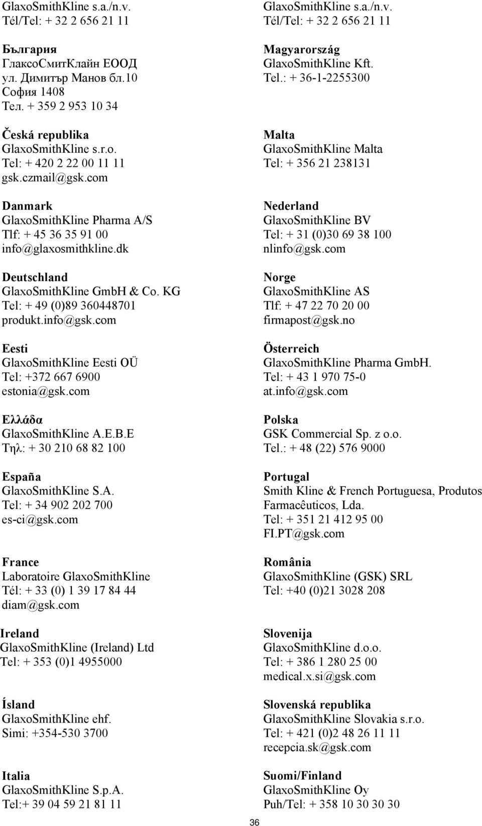 com Eesti GlaxoSmithKline Eesti OÜ Tel: +372 667 6900 estonia@gsk.com Ελλάδα GlaxoSmithKline A.E.B.E Tηλ: + 30 210 68 82 100 España GlaxoSmithKline S.A. Tel: + 34 902 202 700 es-ci@gsk.