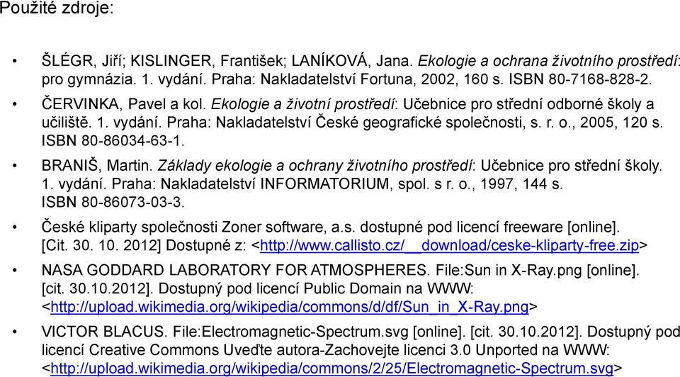 ISBN 80-86034-63-1. BRANIŠ, Martin. Základy ekologie a ochrany životního prostředí: Učebnice pro střední školy. 1. vydání. Praha: Nakladatelství INFORMATORIUM, spol. s r. o., 1997, 144 s.