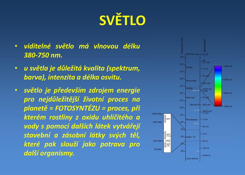 světlo je především zdrojem energie pro nejdůležitější životní proces na planetě