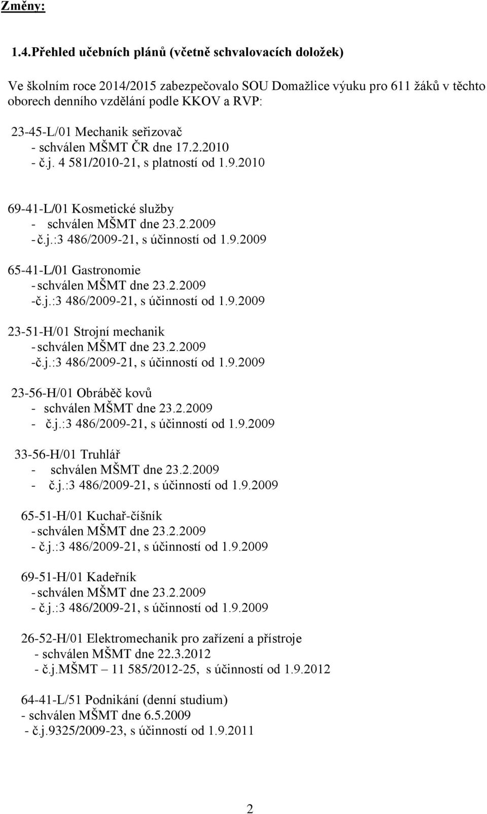 seřizovač - schválen MŠMT ČR dne 17.2.2010 - č.j. 4 581/2010-21, s platností od 1.9.2010 69-41-L/01 Kosmetické služby - schválen MŠMT dne 23.2.2009 - č.j.:3 486/2009-21, s účinností od 1.9.2009 65-41-L/01 Gastronomie - schválen MŠMT dne 23.