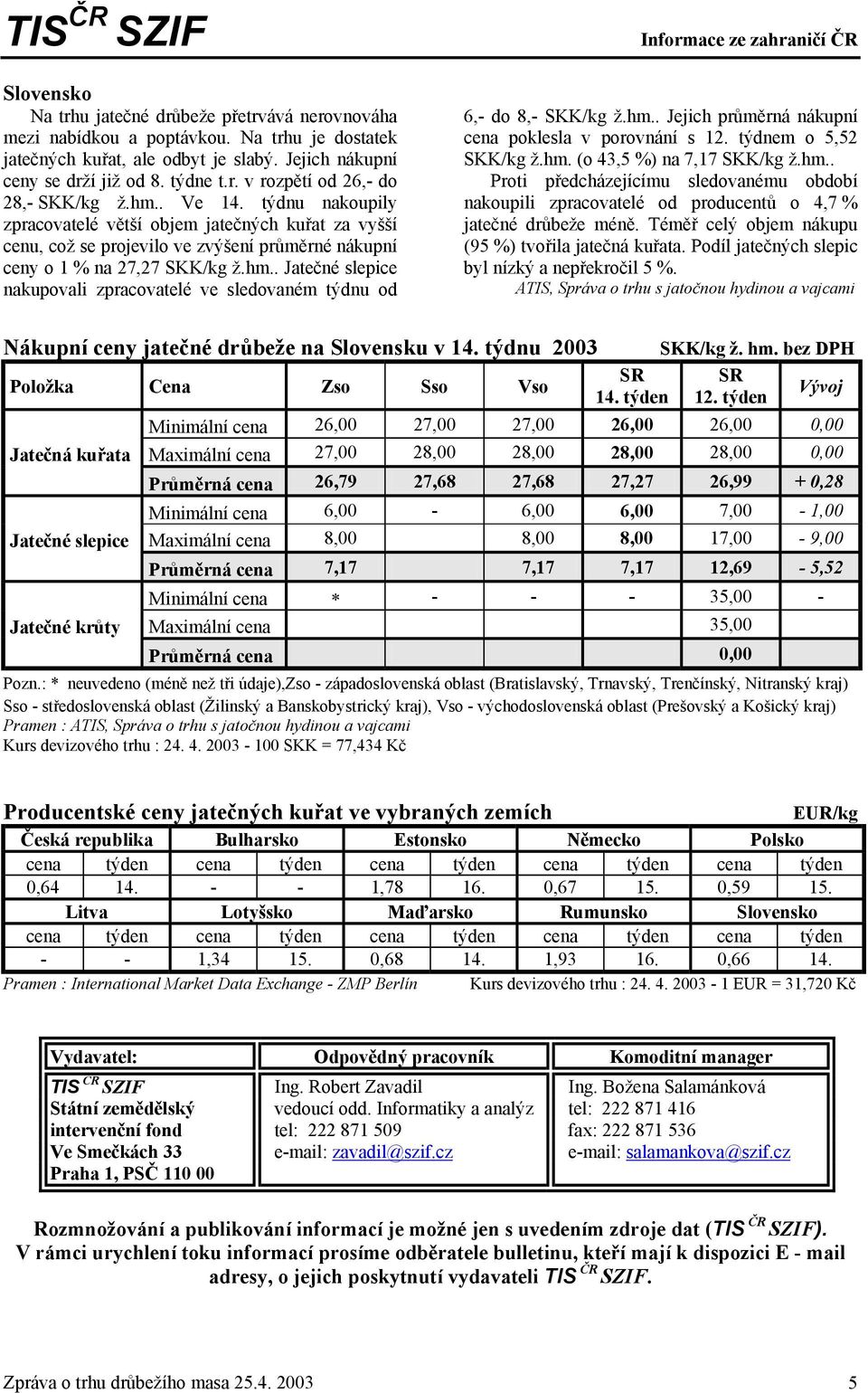 hm.. Jejich průměrná nákupní cena poklesla v porovnání s 12. týdnem o 5,52 SKK/kg ž.hm. (o 43,5 %) na 7,17 SKK/kg ž.hm.. Proti předcházejícímu sledovanému období nakoupili zpracovatelé od producentů o 4,7 % drůbeže méně.