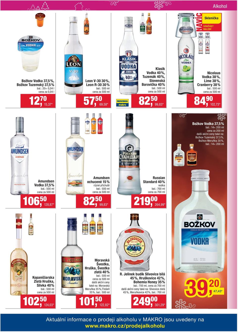 Cranberry 38 % 84, 102,73 * Božkov Vodka 37,5 % bal.: 14 200 ml cena za 200 ml Božkov Tuzemský 37,5 %, Božkov Meruňka 30 %, bal.