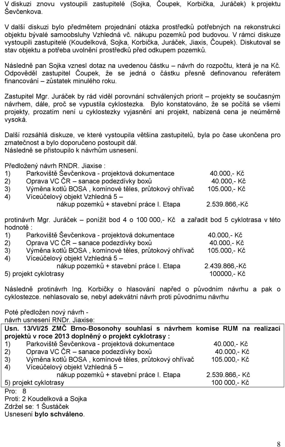 V rámci diskuze vystoupili zastupitelé (Koudelková, Sojka, Korbička, Juráček, Jiaxis, Čoupek). Diskutoval se stav objektu a potřeba uvolnění prostředků před odkupem pozemků.