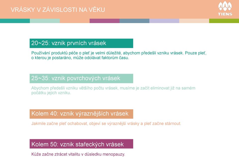 25~35: vznik povrchových vrásek Abychom předešli vzniku většího počtu vrásek, musíme je začít eliminovat již na samém počátku jejich