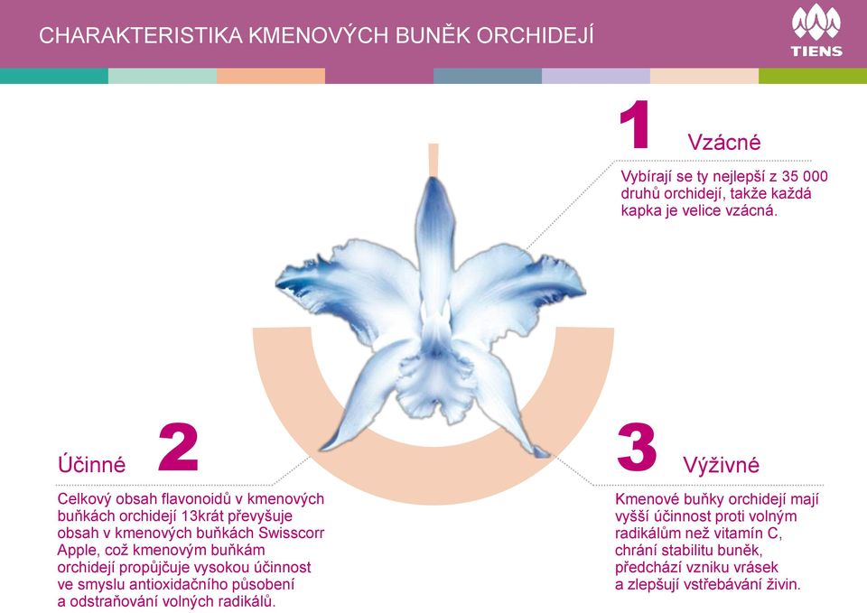 kmenovým buňkám orchidejí propůjčuje vysokou účinnost ve smyslu antioxidačního působení a odstraňování volných radikálů.