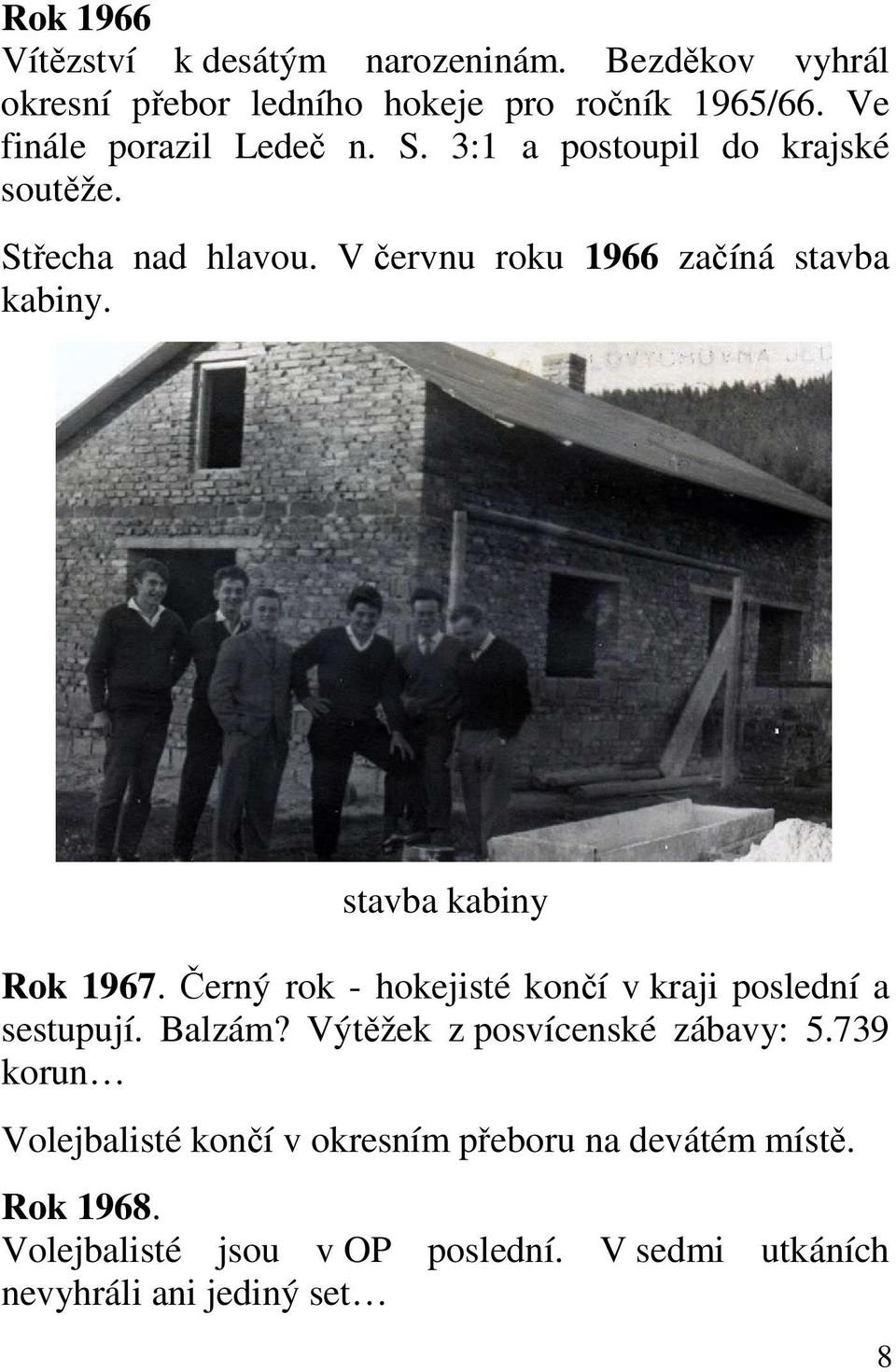 stavba kabiny Rok 1967. Černý rok - hokejisté končí v kraji poslední a sestupují. Balzám? Výtěžek z posvícenské zábavy: 5.