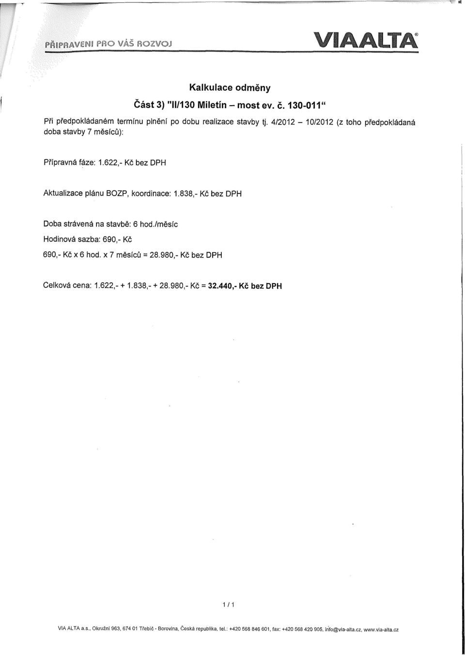 838,- Kč bez DPH Doba strávená na stavbě: 6 hod./měsíc Hodinová sazba: 690,- Kč 690,- Kč x 6 hod. x 7 měsíců = 28.980,- Kč bez DPH Celková cena: 1.622,- + 1.