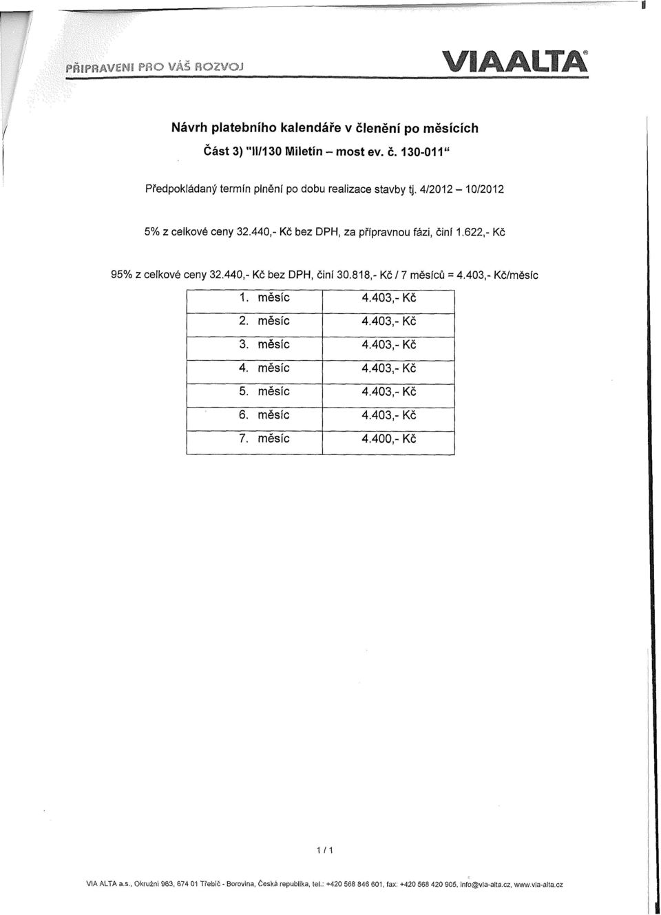 403,- Kč/měsíc 1. měsíc 4.403,- Kč 2. měsíc 4.403,- Kč 3. měsíc 4.403,- Kč 4. měsíc 4.403,- Kč 5. měsíc 4.403,- Kč 6. měsíc 4.403,- Kč 7. měsíc 4.400,- Kč 1 /1 VIA ALTA a.