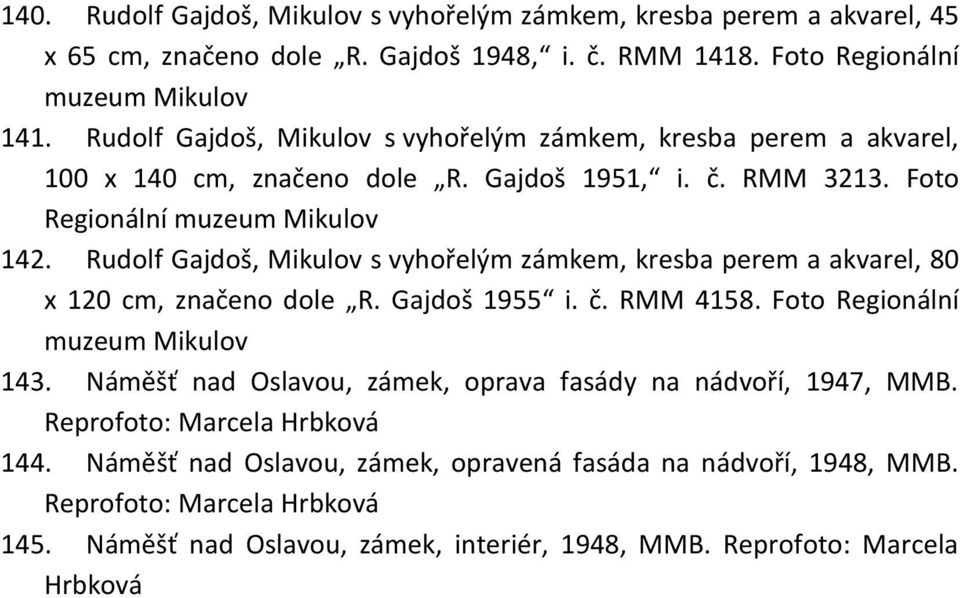 Rudolf Gajdoš, Mikulov s vyhořelým zámkem, kresba perem a akvarel, 80 x 120 cm, značeno dole R. Gajdoš 1955 i. č. RMM 4158. Foto Regionální muzeum Mikulov 143.