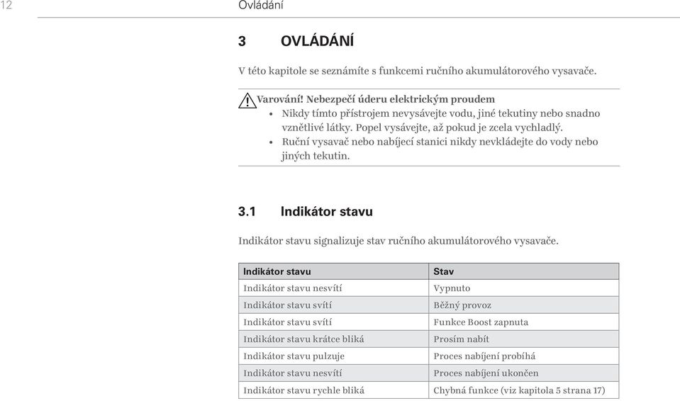 Ruční vysavač nebo nabíjecí stanici nikdy nevkládejte do vody nebo jiných tekutin. 3.1 Indikátor stavu Indikátor stavu signalizuje stav ručního akumulátorového vysavače.