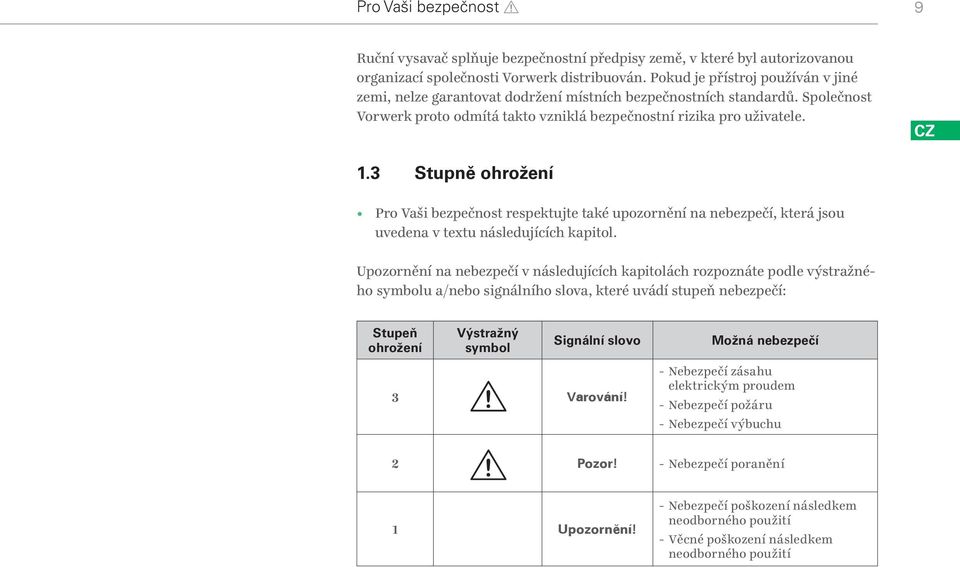 3 Stupně ohrožení Pro Vaši bezpečnost respektujte také upozornění na nebezpečí, která jsou uvedena v textu následujících kapitol.