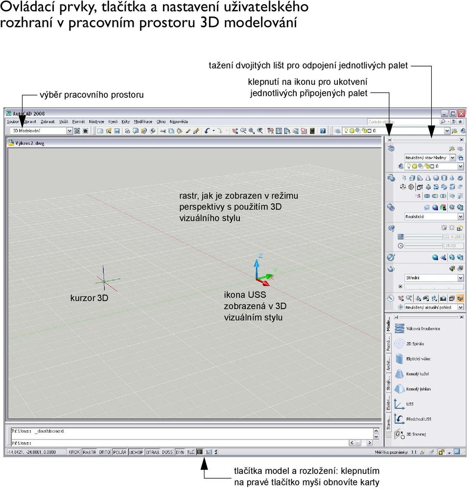 jednotlivých připojených palet rastr, jak je zobrazen v režimu perspektivy s použitím 3D vizuálního stylu