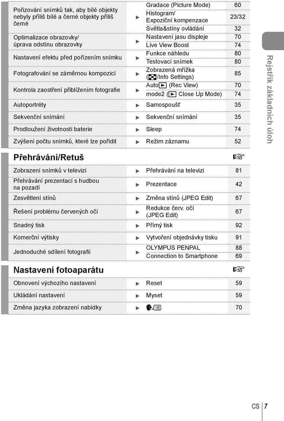 mřížka (G/Info Settings) 85 Kontrola zaostření přiblížením fotografi e Autoq (Rec View) 70 mode (q Close Up Mode) 74 Autoportréty Samospoušť 5 Sekvenční snímání Sekvenční snímání 5 Prodloužení