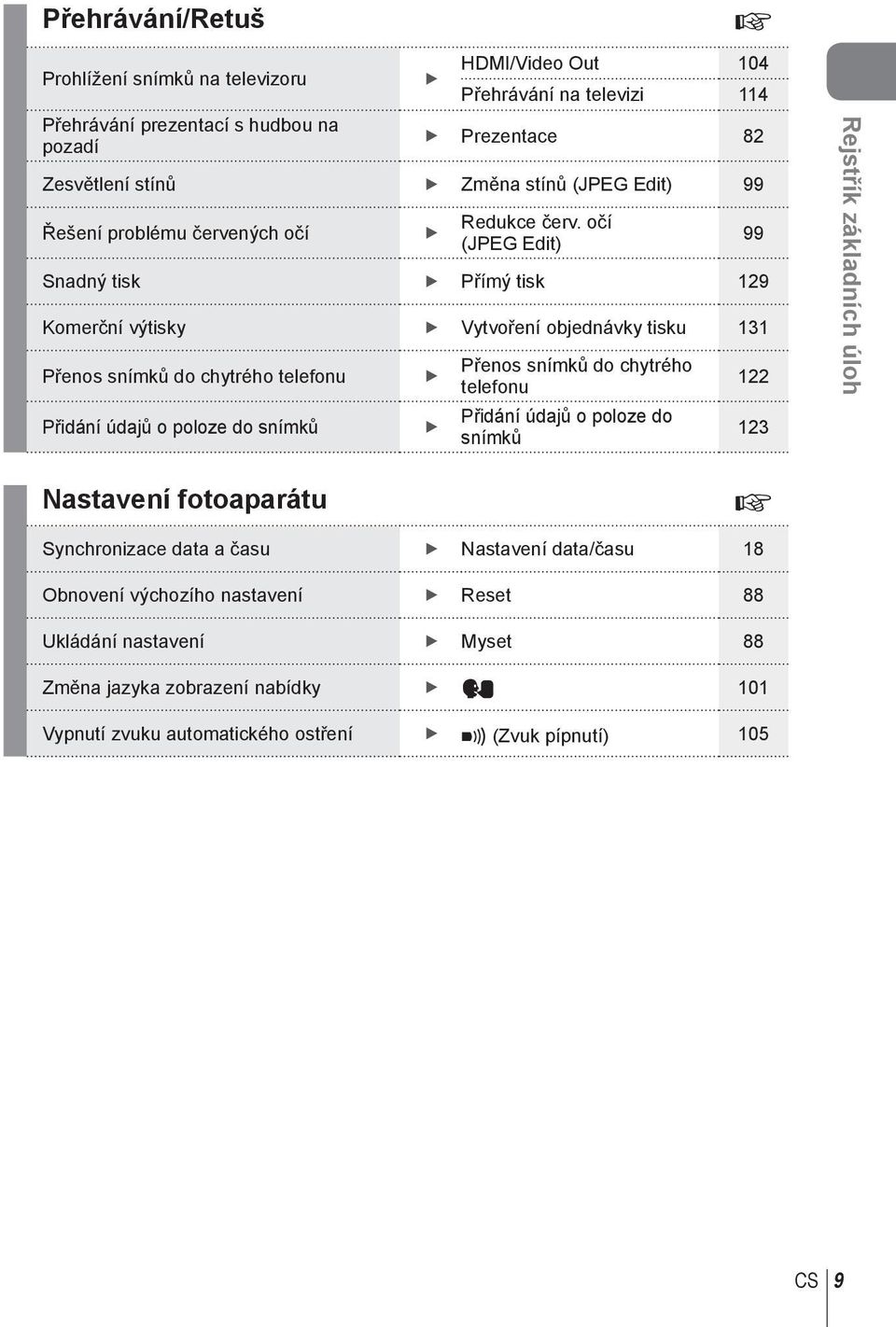 očí (JPEG Edit) Snadný tisk Přímý tisk 19 Komerční výtisky Vytvoření objednávky tisku 131 Přenos snímků do chytrého telefonu Přidání údajů o poloze do snímků Přenos snímků do chytrého