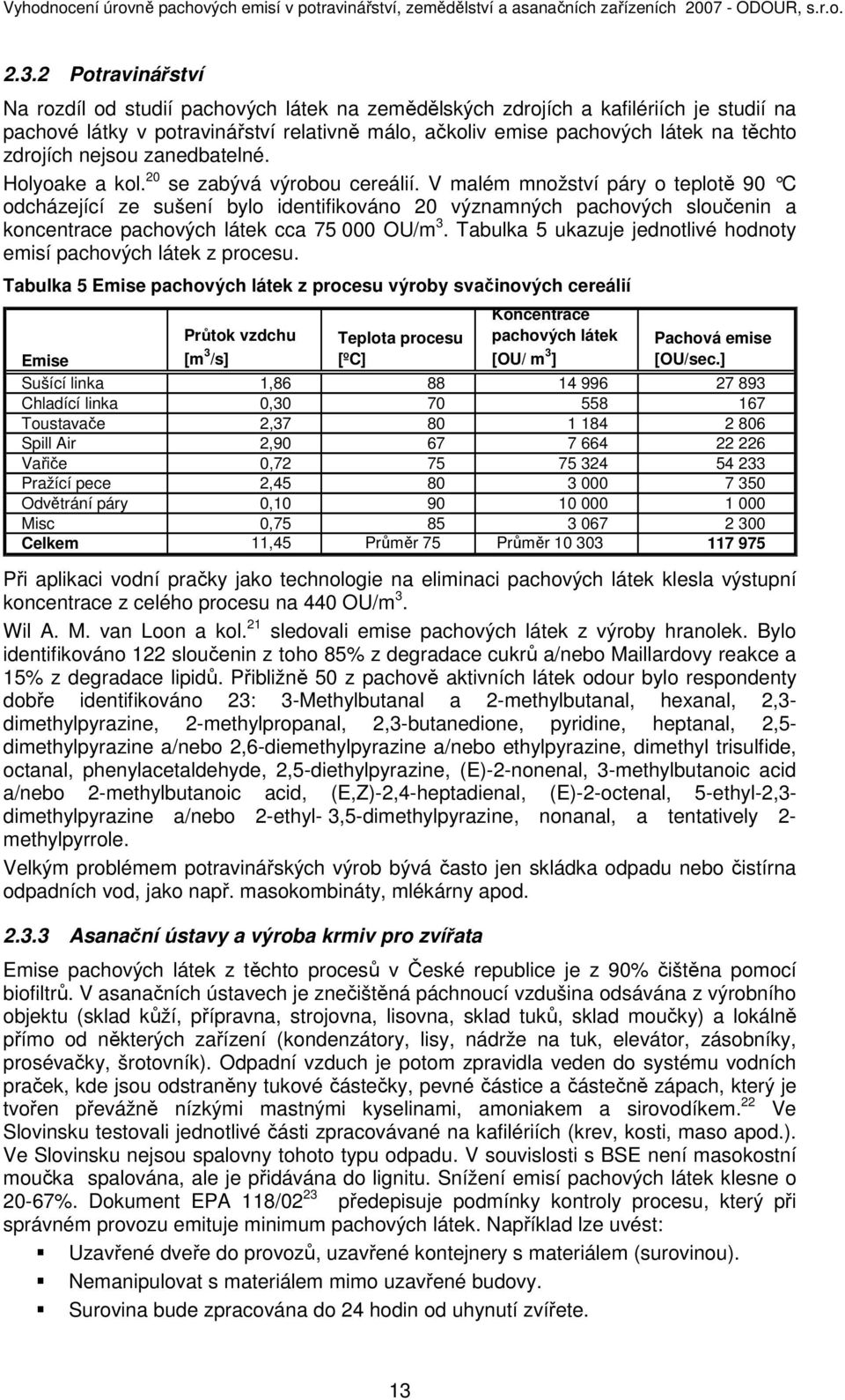 V malém množství páry o teplotě 90 C odcházející ze sušení bylo identifikováno 20 významných pachových sloučenin a koncentrace pachových látek cca 75 000 OU/m 3.