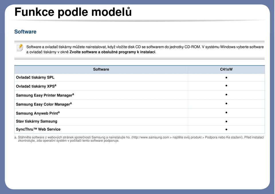 Software C41xW Ovladač tiskárny SPL Ovladač tiskárny XPS a Samsung Easy Printer Manager a Samsung Easy Color Manager a Samsung Anyweb Print a Stav tiskárny Samsung