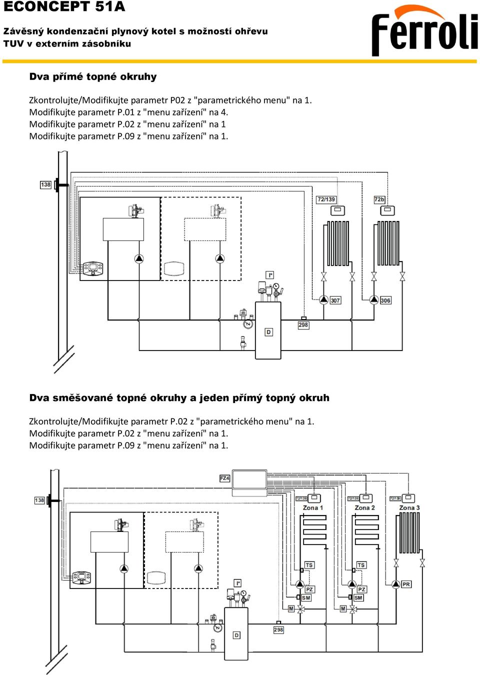 09 z "menu zařízení" na 1. Dva směšované topné okruhy a jeden přímý topný okruh Zkontrolujte/Modifikujte parametr P.
