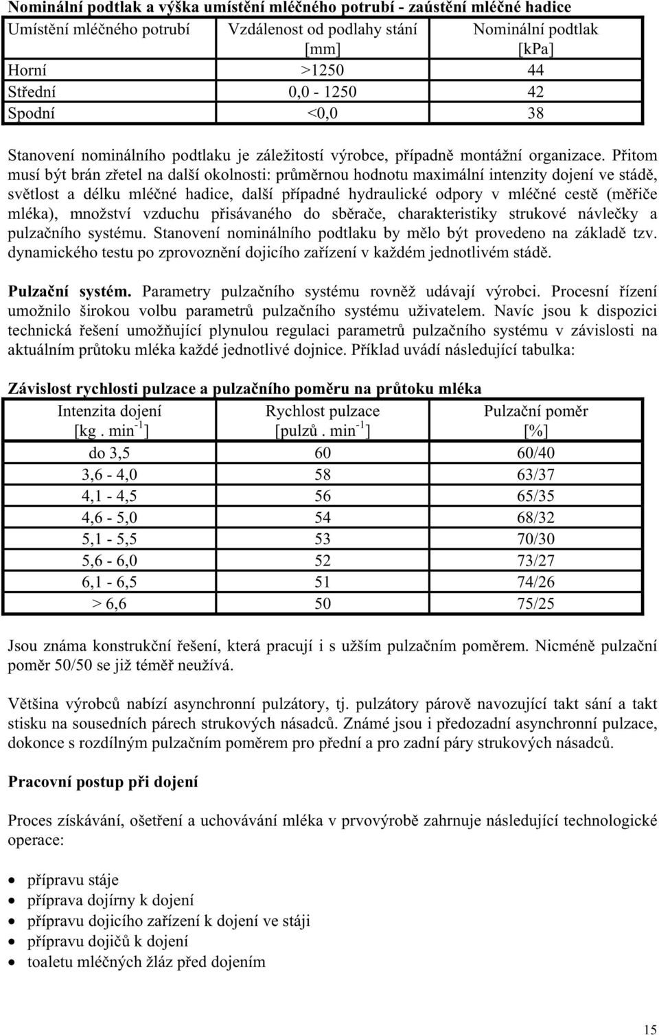 P itom musí být brán z etel na další okolnosti: pr m rnou hodnotu maximální intenzity dojení ve stád, sv tlost a délku mlé né hadice, další p ípadné hydraulické odpory v mlé né cest (m i e mléka),