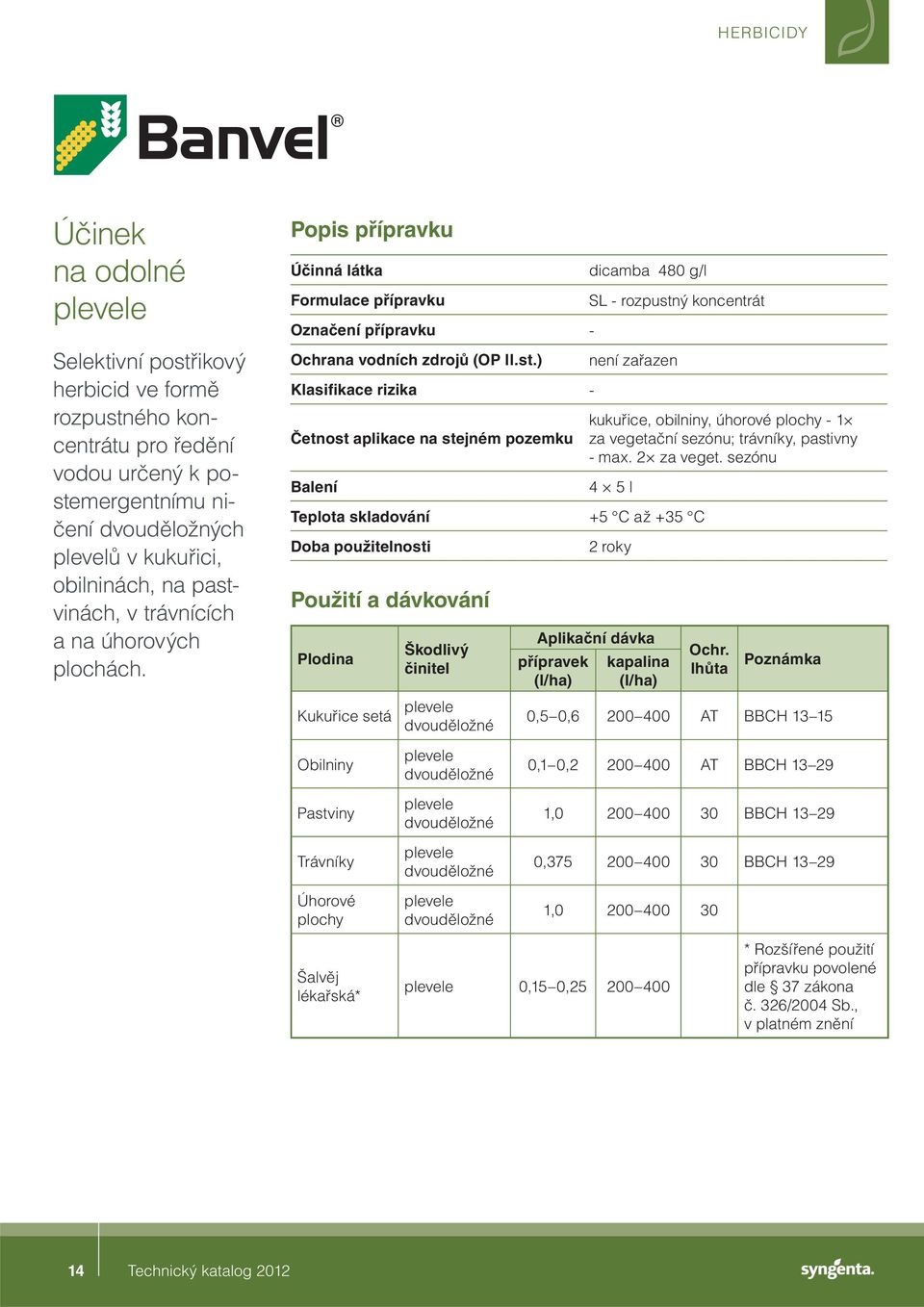 - Klasifikace rizika - dicamba 480 g/l SL - rozpustný koncentrát není zařazen kukuřice, obilniny, úhorové plochy - 1 za vegetační sezónu; trávníky, pastivny - max. 2 za veget.