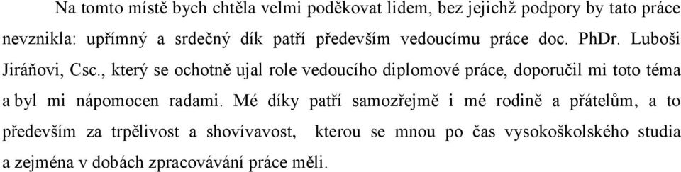 , který se ochotně ujal role vedoucího diplomové práce, doporučil mi toto téma a byl mi nápomocen radami.