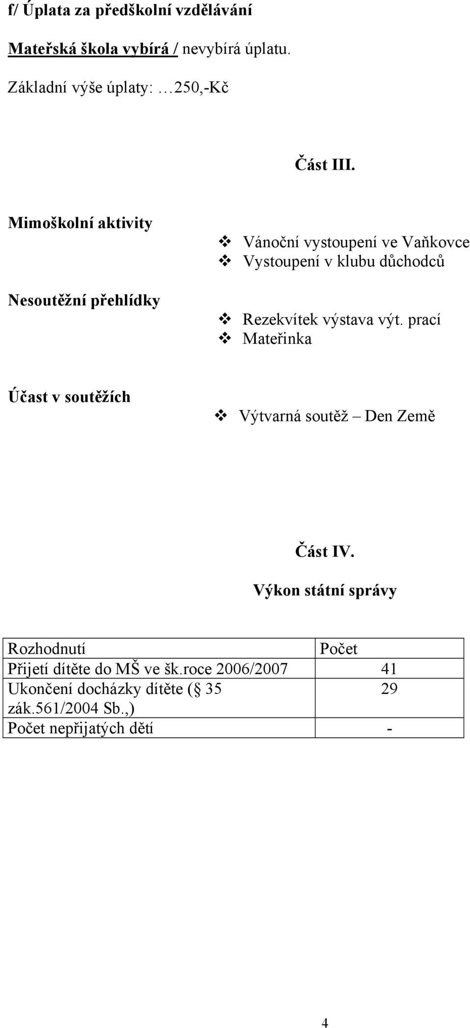 Mimoškolní aktivity Nesoutěžní přehlídky Vánoční vystoupení ve Vaňkovce Vystoupení v klubu důchodců Rezekvítek