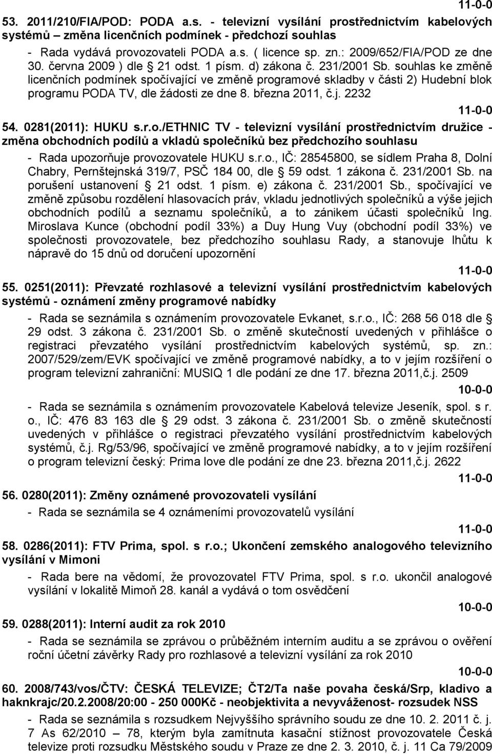 souhlas ke změně licenčních podmínek spočívající ve změně programové skladby v části 2) Hudební blok programu PODA TV, dle ţádosti ze dne 8. března 2011, č.j. 2232 54. 0281(2011): HUKU s.r.o./ethnic TV - televizní vysílání prostřednictvím druţice - změna obchodních podílů a vkladů společníků bez předchozího souhlasu - Rada upozorňuje provozovatele HUKU s.