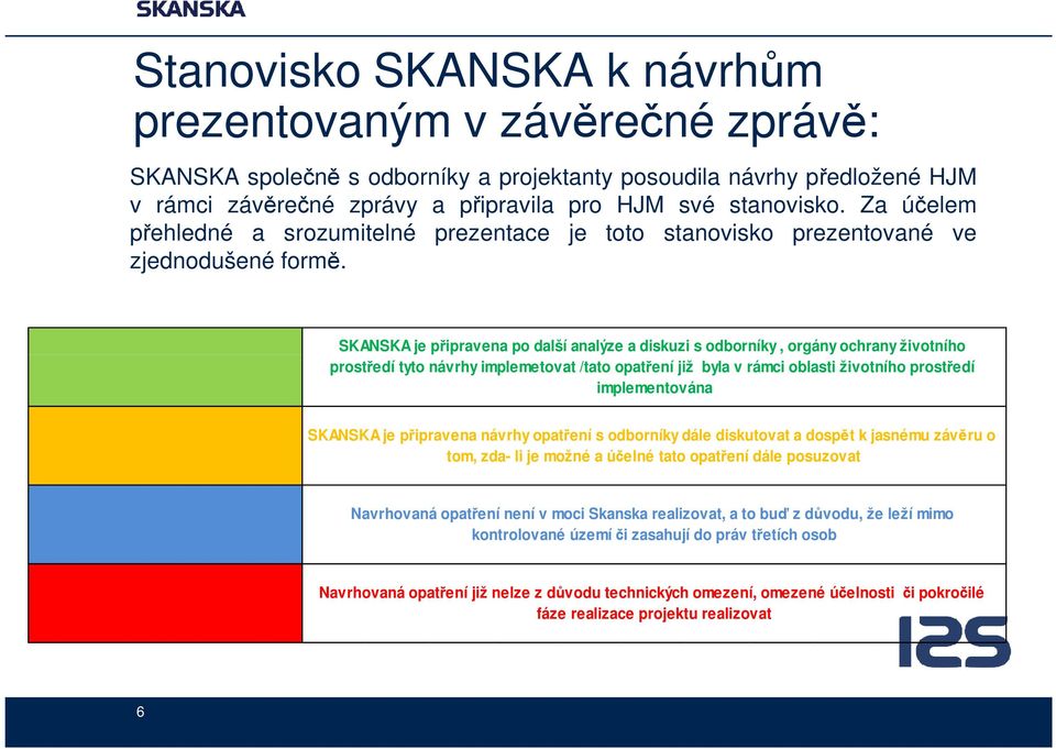 SKANSKA je připravena po další analýze a diskuzi s odborníky, orgány ochrany životního prostředí tyto návrhy implemetovat /tato opatření již byla v rámci oblasti životního prostředí implementována