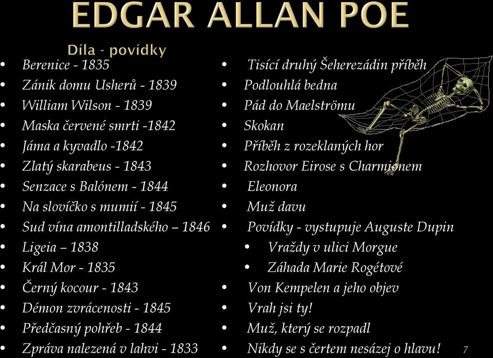 davu Sud vína amontilladského 1846 Povídky - vystupuje Auguste Dupin Ligeia 1838 Vraždy v ulici Morgue Král Mor - 1835 Záhada Marie Rogétové Černý kocour - 1843 Von