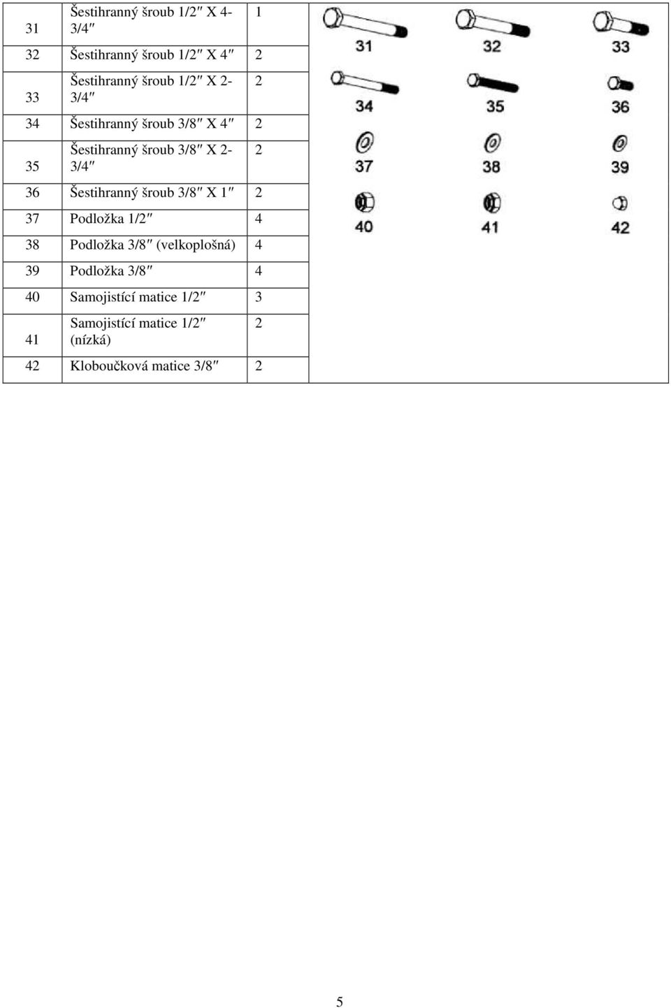 Šestihranný šroub 3/8 X 37 Podložka / 4 38 Podložka 3/8 (velkoplošná) 4 39