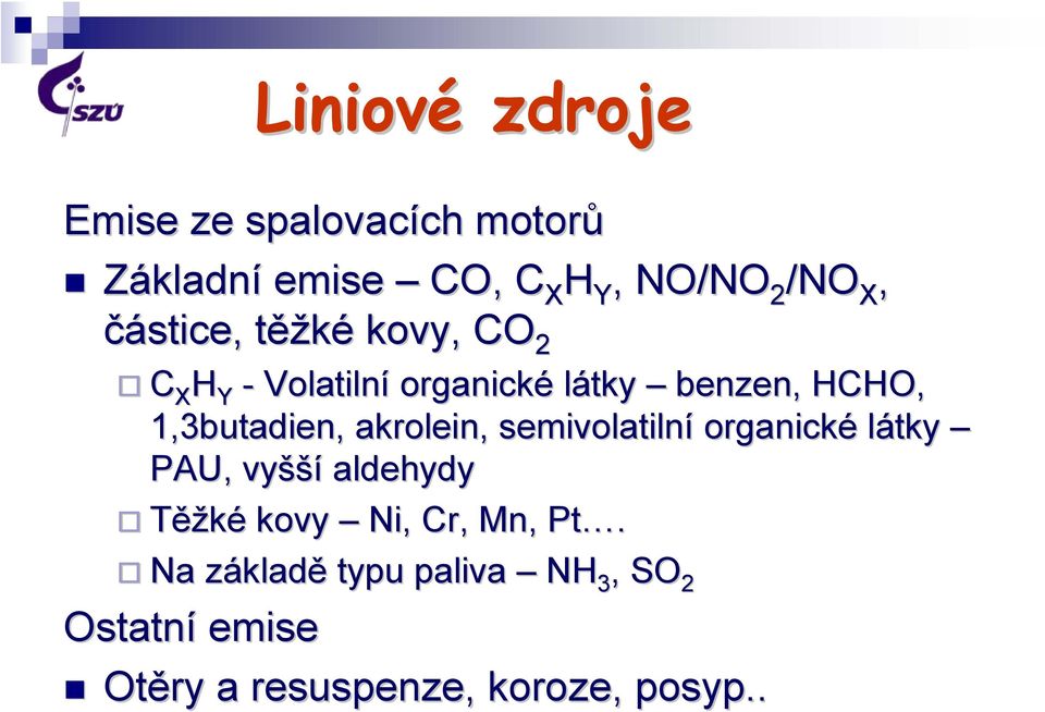 1,3butadien, akrolein, semivolatilní organické látky PAU, vyšší aldehydy Těžké kovy Ni,