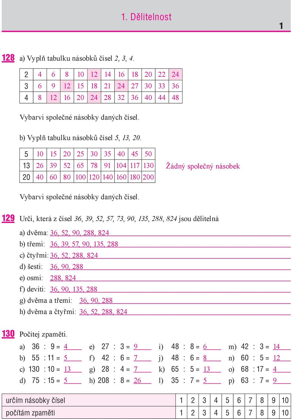 5 13 20 10 15 20 25 30 35 40 45 50 26 39 52 65 78 91 104 117 130 40 60 80 100 120 140 160 180 200 Žádný společný násobek Vybarvi společné násobky daných čísel.