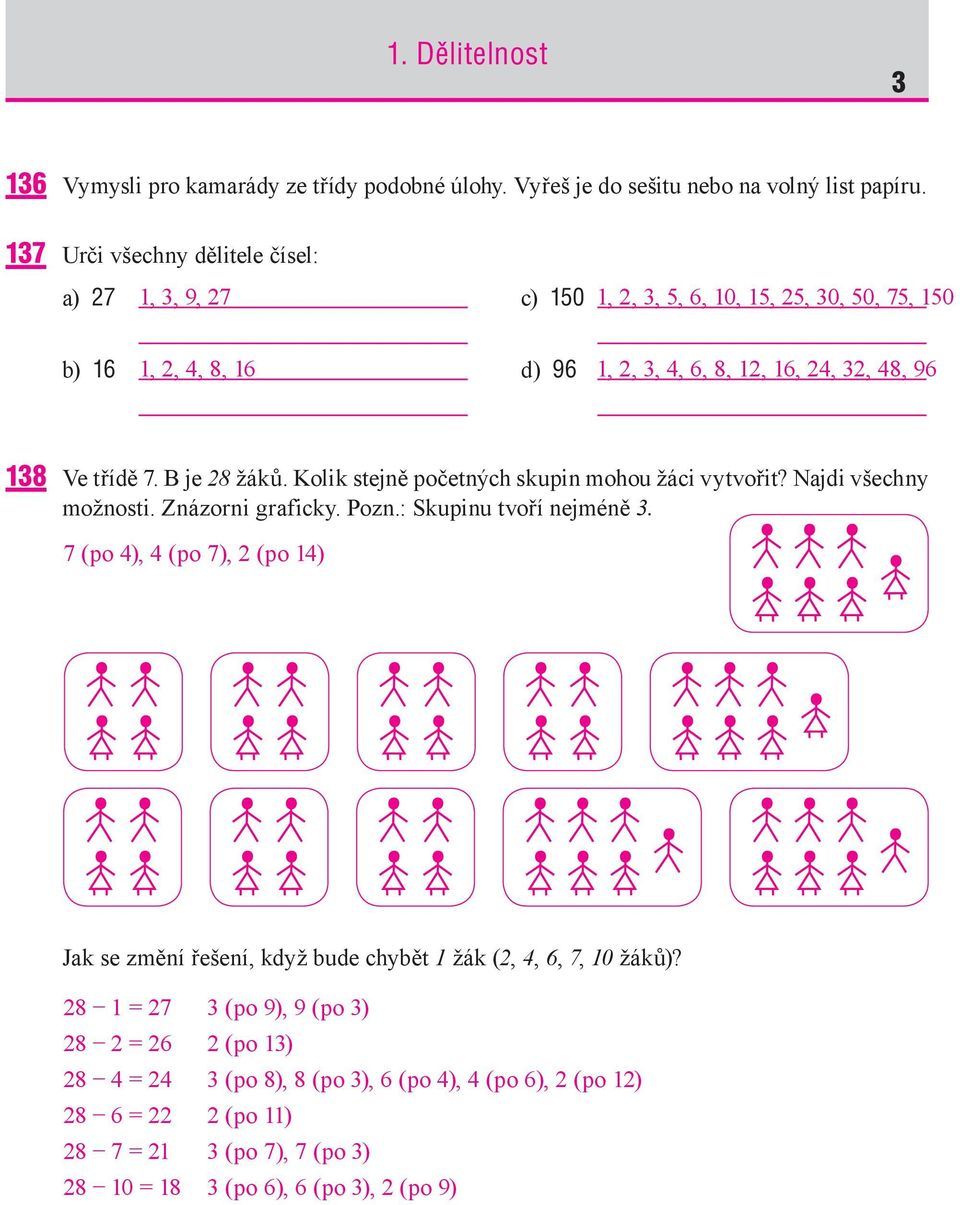 7. B je 28 žáků. Kolik stejně početných skupin mohou žáci vytvořit? Najdi všechny možnosti. Znázorni graficky. Pozn.: Skupinu tvoří nejméně 3.