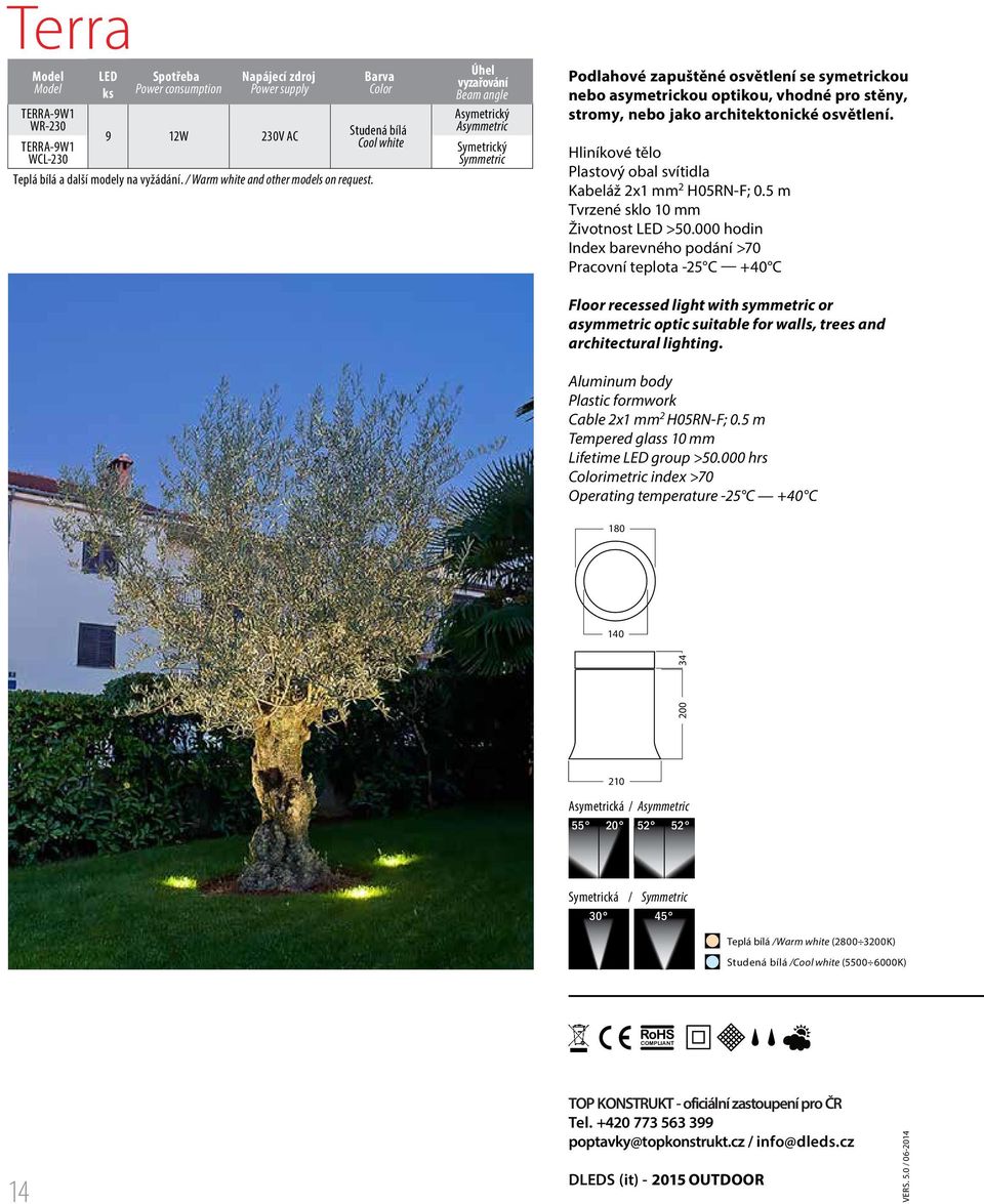 stromy, nebo jako architektonické osvětlení. Hliníkové tělo Plastový obal svítidla Kabeláž 2x1 mm 2 H05RN-F; 0.5 m Tvrzené sklo 10 mm Životnost LED >50.