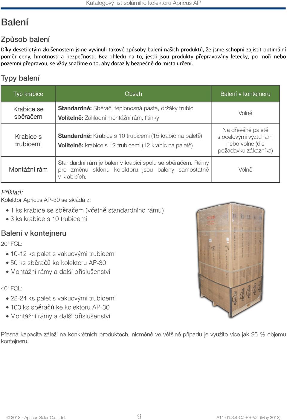 Typy balení Typ krabice Obsah Balení v kontejneru Krabice se sběračem Krabice s trubicemi Montážní rám Standardně: Sběrač, teplonosná pasta, držáky trubic Volitelně: Základní montážní rám, fitinky