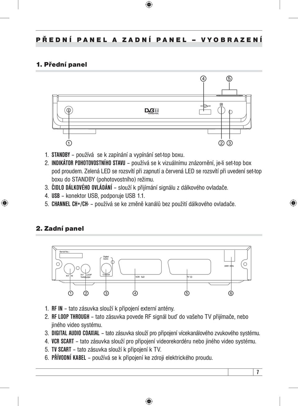 Zelená LED se rozsvítí při zapnutí a červená LED se rozsvítí při uvedení set-top boxu do STANDBY (pohotovostního) režimu. 3. ČIDLO DÁLKOVÉHO OVLÁDÁNÍ slouží k přijímání signálu z dálkového ovladače.