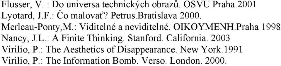 Praha 1998 Nancy, J.L.: A Finite Thinking. Stanford. California. 2003 Virilio, P.