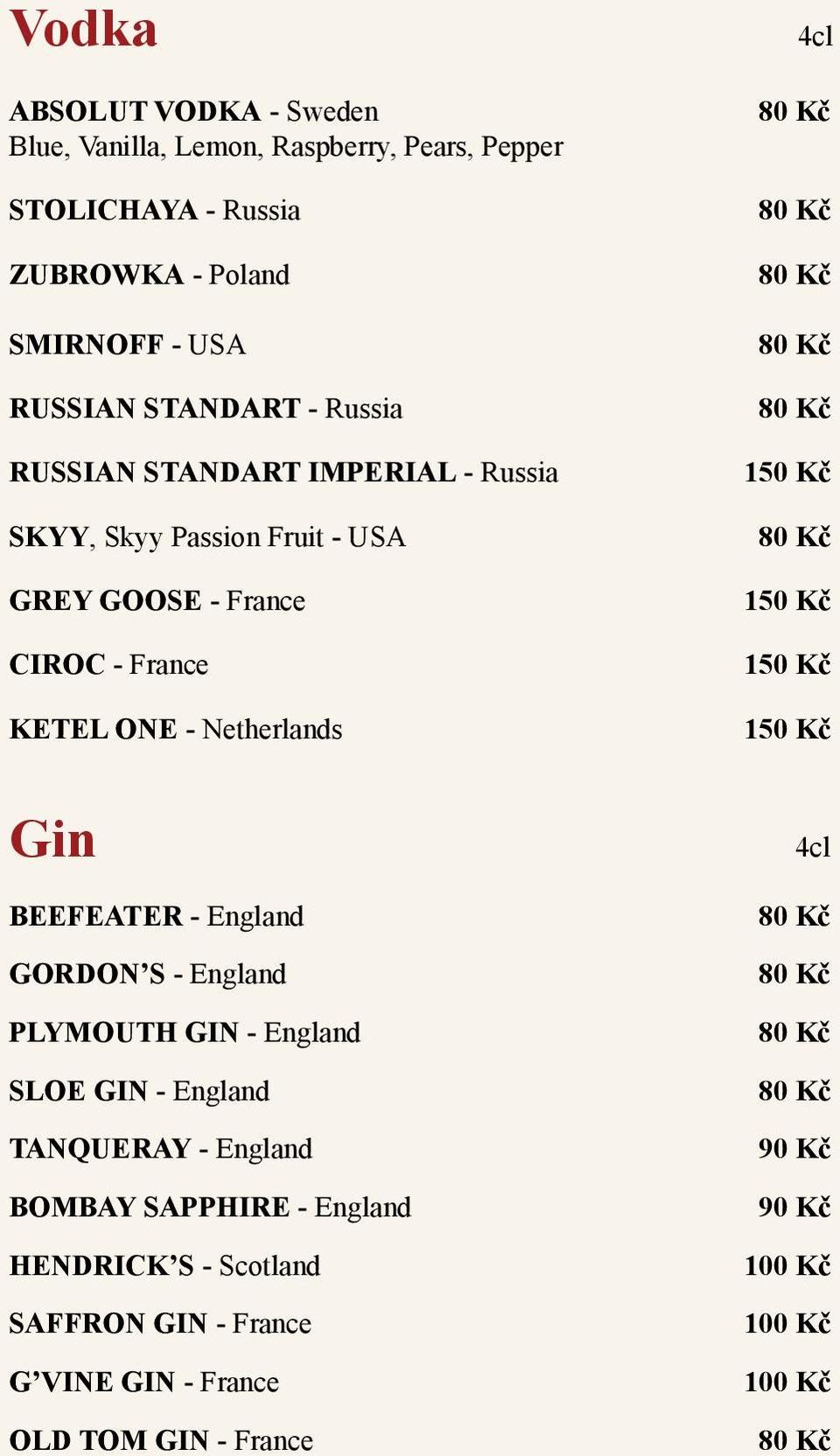 KETEL ONE - Netherlands Gin BEEFEATER - England GORDON S - England PLYMOUTH GIN - England SLOE GIN - England TANQUERAY - England