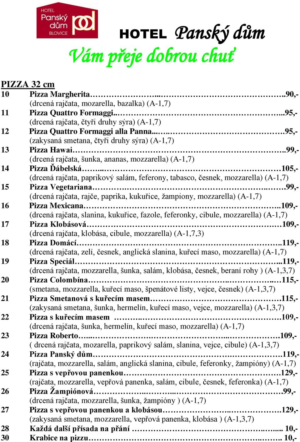 .. 105,- (drcená rajčata, paprikový salám, feferony, tabasco, česnek, mozzarella) (A-1,7) 15 Pizza Vegetariana.